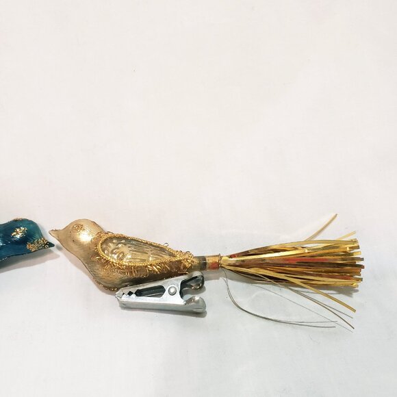 Pair Birds Clip-On Christmas Ornament 5" Vintage Plastic Tinsel Tails Gold Blue - Picture 4 of 7